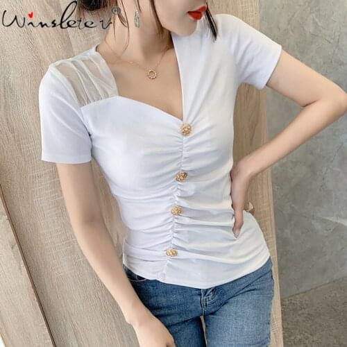 Summer European Style Cotton T-Shirt Sexy V-Neck Button Irregularity Drape Patchwork Lace Women Tops Slim Tees New 2021 T14710A