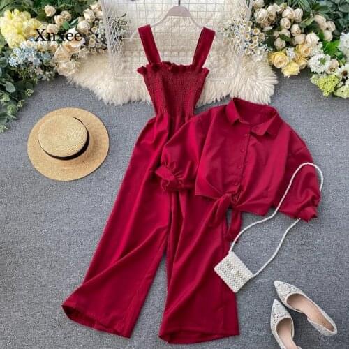 Summer Womens Two-Piece Suit New Solid Color Sling Folding Wide-Leg Jumpsuit Ladies Lapel Short-Sleeved Shirt Female Trend