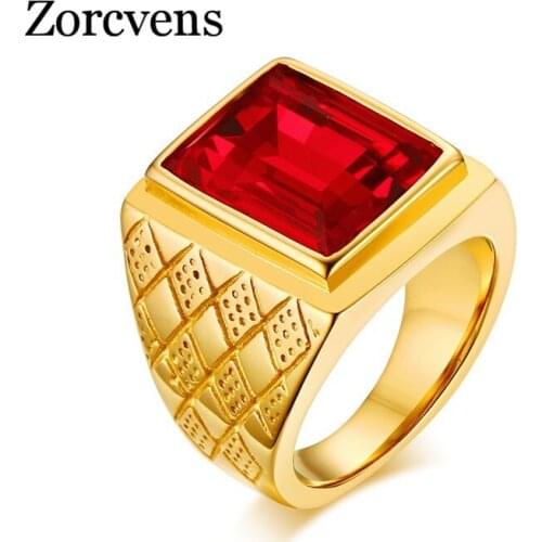 Men Rings Gold-color Square Cut Red CZ Rhinestone Ring Stainless Steel Wedding Engagement Bands Fashion Jewelry anel masculino