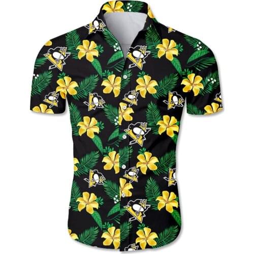 Pittsburgh mens casual hawaiian shirts Green leaves yellow flowers cartoon animal print 3D Penguins tops