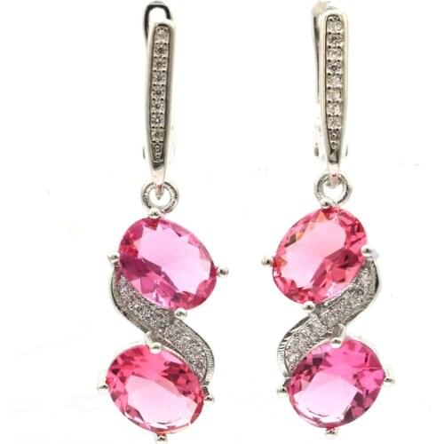 35x10mm Jewelry Set Created Pink Tourmaline White Zircon Gift For Women Daily Wear Silver Pendant Earrings Drop Shipping
