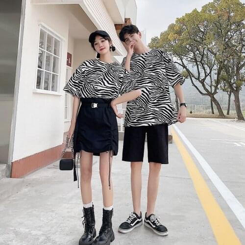 2021 Ｎew Pair Dress Ｚebra Print Short Sleeve T-Ｓhirt Ｈigh Ｗaist Ｆlower Ｂud Ｋirt