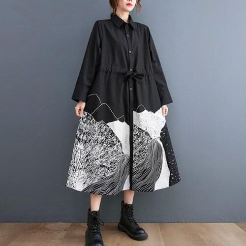 2021 New Arrival Street Fashion Black White Autumn Dress Korea Style Print Girls Chic Blouse Dress Women Casual Long Dress