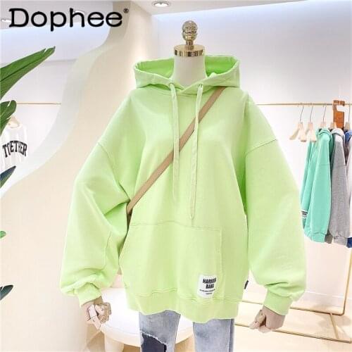 Candy Colors New Korean Lazy Style Hooded Loose Pullover Hoodies Plus Size Terry Cotton All-Match Womens Fashion Sweatshirts