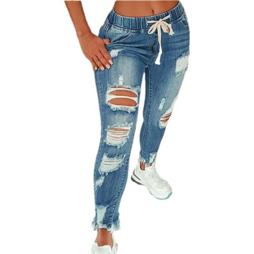 Sexy Women Solid Ripped Skinny Jean Pants With Hole Pocket Lady Fall Slim Fit Skinny Jeans Streetwear Denim Pants