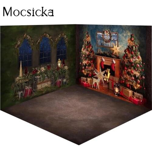 Retro Christmas Room Portrait Backdrop Photo Studio Winter Window Fireplace Background Vintage Xmas Tree Gifts Photography Props