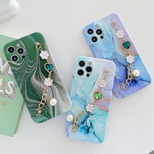 Luxury Pearl Bracelet Marble Phone Case For iPhone 11 Pro 12 Mini X XR XS Max 7 8 Plus SE2 Camera Protection Soft Silicone Cover