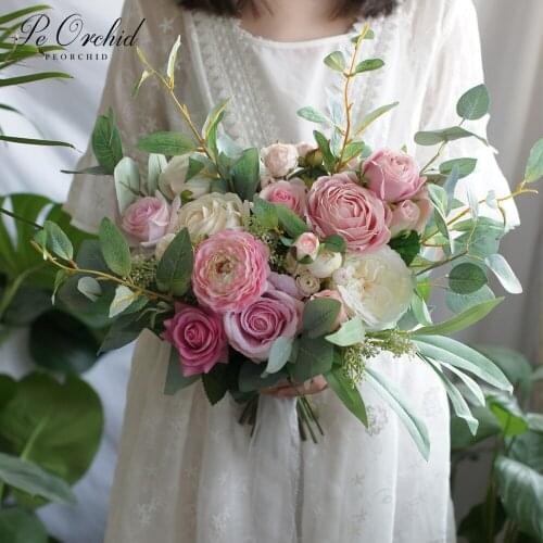 PEORCHID Luxury Pink Wedding Bouquet 2019 New Buque Noiva Silk Rose Peonies Artificial Flowers For Bridal Bouquet Accessories
