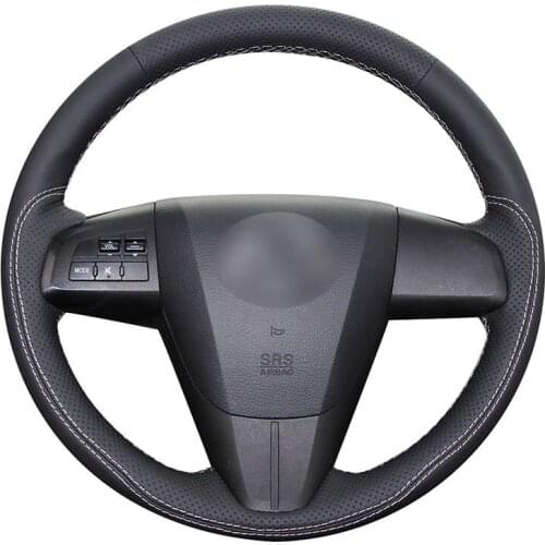 Hand-stitched Black Genuine Leather Car Steering Wheel Cover for Mazda 3 Axela 2010-2013 Mazda 5 Mazda 6 CX-7 CX-9