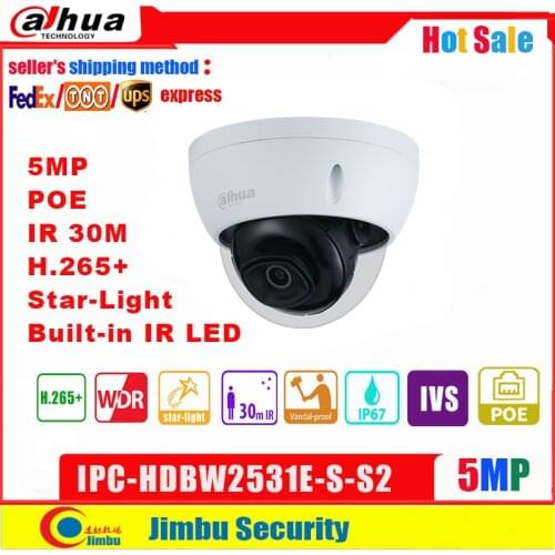 Dahua Mini Dome IP Camera IPC-HDBW2531E-S-S2 Waterproof starlight 5MP POE H2.65 IR30M IP67 Built-in IR LED support POE