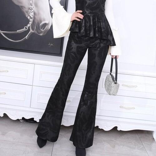 Spring Autumn Black Flocking Real Genuine Leather Pant High Waisted Women Culottes Casual Bodycon Sexy Party Flare Pants Clothes