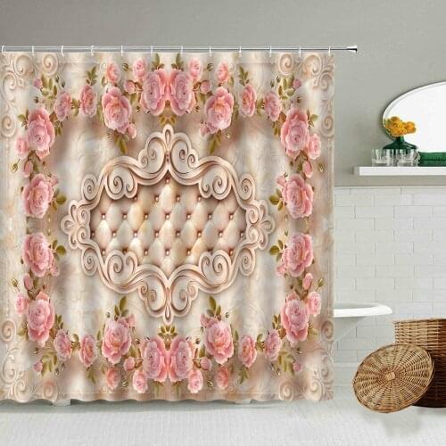 European Style Retro Marble Embossed Pattern Shower Curtain Pink Rose Flower Family Bathroom Decoration Toilet Waterproof Screen