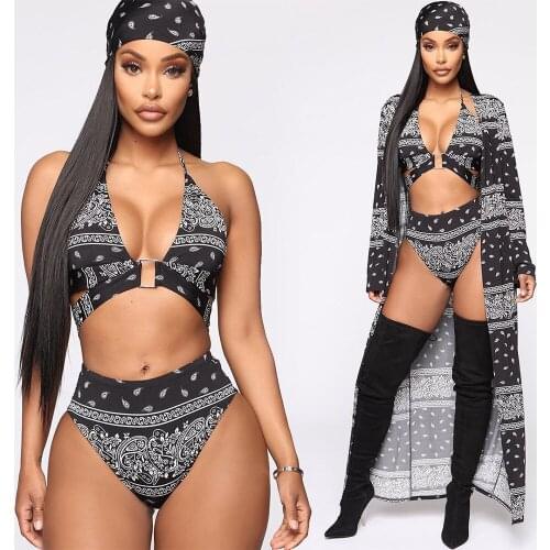 Sexy Four Pieces Bikini Set Long Sleeve Bikini Cover Up Swimwear Women Swimsuit Print Bathing Suit Beachwear Swimming Suit