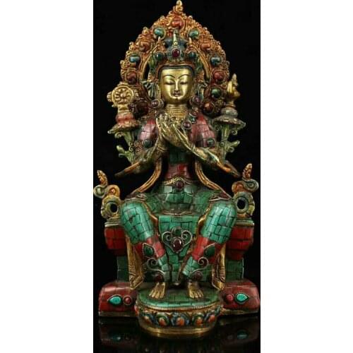 28.5cm Old Tibet Brass Bronze inlay Turquoise Kwan-Yin Buddha Statue