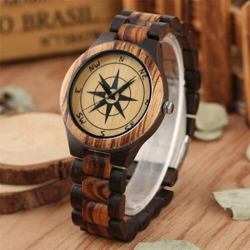 Stylish Compass Pattern Display Wood Watch Mens Watch Quartz Movement Solid Wooden Watchband Luxury Mens Timepiece New 2019