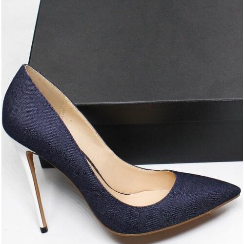Women Classic Pumps Extreme Thin High Heels Sexy Stilettos Ladies Pointed Toe Shoes Black Blue Denim Pumps White Heels D026B