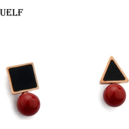 Uelf New Design Vintage Black Enamel Triangle Geometric Asymmetric Ball Stud Earrings for Women Girl Jewerly Gifts