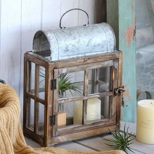 Solid wood zinc hand craft vintage rectangle lantern decorative candle holder
