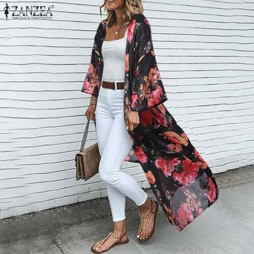 Bohemian Printed Maxi Kimono Womens Summer Blouses ZANZEA 2021 Casual Long Sleeve Cover Up Female Floral Tunic Cardigan Tops