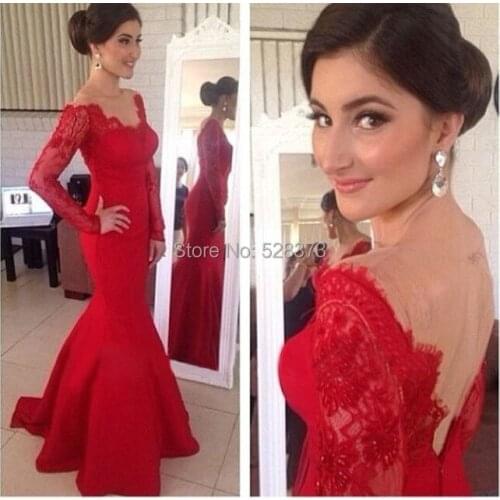 YNQNFS IED27 Satin Sheer Neck Lace Long Sleeves Sexy Mermaid Women Dresses Evening Party Red Color