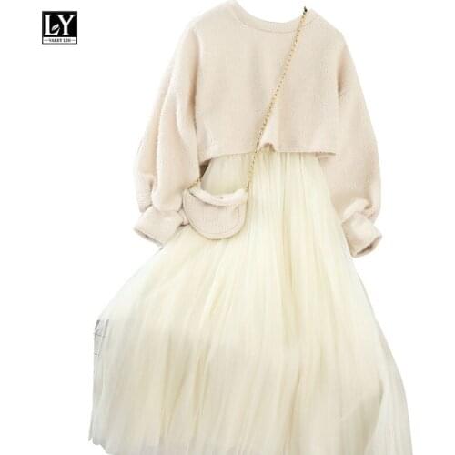 LY VAREY LIN Women Two Pieces Suit Sweet Knitted Sweater Spring Winter O Neck Sweaters and Spaghetti Strap Dress Set Lady Dress