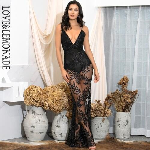 LOVE&LEMONADE Sexy Black Deep V-Neck Perspective Open Back Bodycon Leaves Glitter Glued Party Maxi Dress LM80386-1 LM80386-1