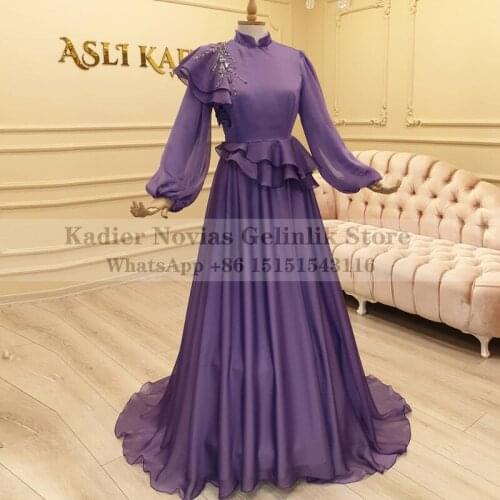 Long Sleeve Purple Muslim High Neck Chiffon Evening Dresses 2021 for Women Elegant Prom Dress Vestido De Fiesta