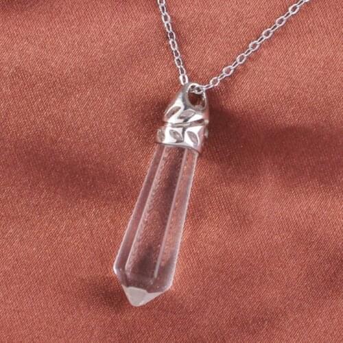 100-Unique Simple Style 1 Pcs Silver Plated Natural Rock Crystal Hexagon Prism Pendant Necklace with Chain Jewelry