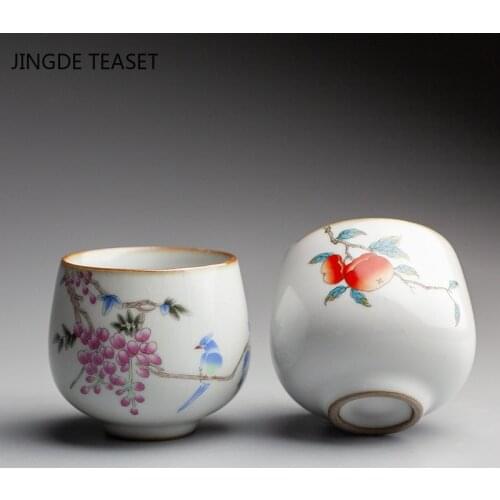 Chinese Ru Kiln crockery Tea Cups Anti Scaling Handmade vintage ceramic tea cup Flowers and birds pattern Single Cup Drinkware