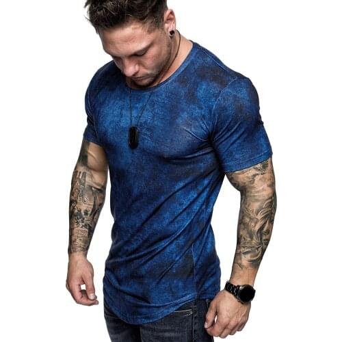 2020 New fashion fitness body building T shirt Tie-dye distressed round neck short-sleeve T-shirt solid color mens T-shirt