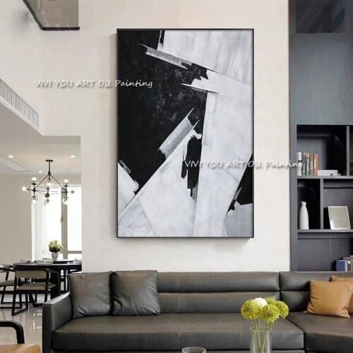 Abstract Black White Handmade Oil Painting Minimalist Home Decor Wall Pictures For Living Room Bedroom Grey Canvas Paintings