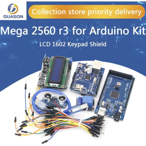 Free Shipping Mega 2560 r3 for arduino kit + HC-SR04 +breadboard cable + relay module+ W5100 UNO shield + LCD 1602 Keypad shield