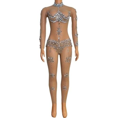 Glisten Rhinestone Transparent Jumpsuit Bar Prom Birthday Big Stones Legging Women Dance Show Celebrate Club Outfit