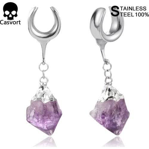 Casvort 2 PCS Silver & Gold Saddle Tunnels Hangers Stone Dangle Ear Gauges Plugs Stretcher Earring Body Jewelry (8mm-25mm)