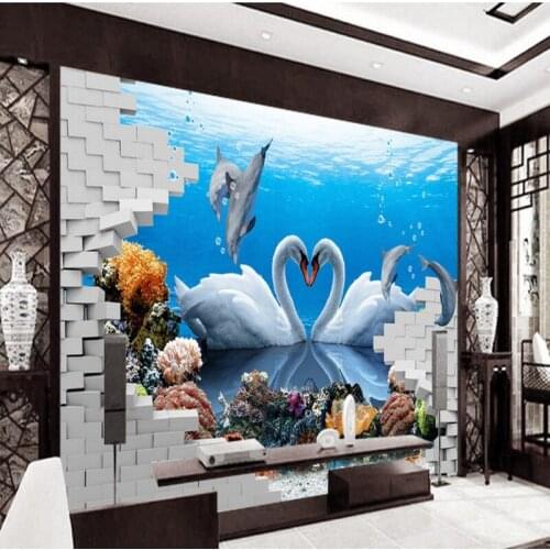 Photo wallpaper HD wallpaper Stereo 3D Swan Dolphin Love TV Wall living room mural custom lobby wallpaper