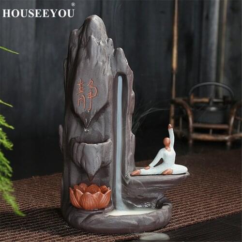 HOUSEEYOU High Mountain Ceramic Incense Burner Backflow Monk Buddha Hand Lotus Incense Holder Stove Purple Sand Home Craft Tower