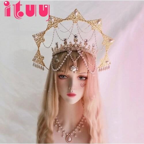 Crown Halo Headband Goddess Spiked Pearl Sun Pendant Halo Headpiece Cosplay Bridal Party Baroque Tiara Headwear Accessories