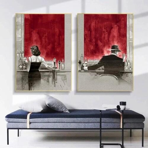 Colorful Woman and Man Drinking At Bar Canvas Painting Wall Art Nordic Posters and Prints Wall Pictures for Living Room Decor