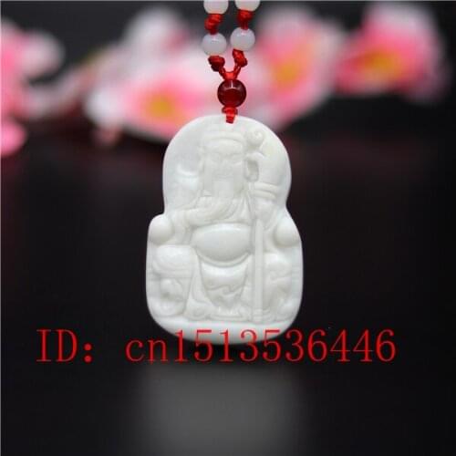 Natural White Jade Carved Guan Gong Pendant Chinese Necklace Charm Jewellery Fashion Amulet Luck Gifts for Man Women