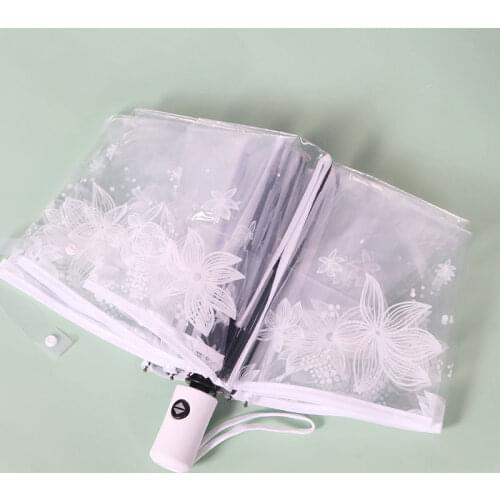Fashion Thicken PVC Three Folding Transparent Automatic Clear Flower Printing Women Men Rain Umbrellas Girls Kids Gifts Dropship