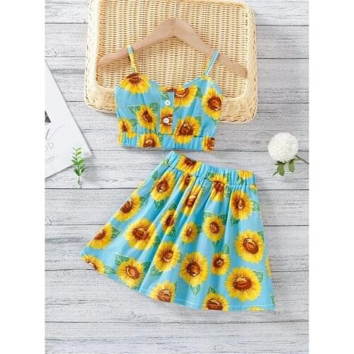 Fashion Children Girl Clothing Set 2021 Summer Casual Kid Girl Clothes Outfit Sunflower Strap Sleeveless Top Skirt 2pcs
