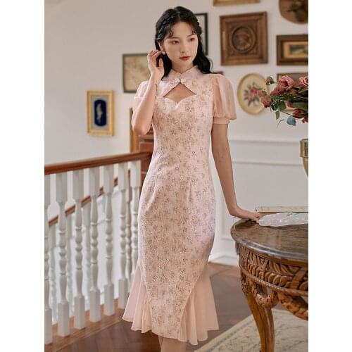 2021 Summer New Style Womens Chinese Style Retro Womens Girls Thin Cheongsam Dress Temperament Thin Mid-Length Fishtail Dress