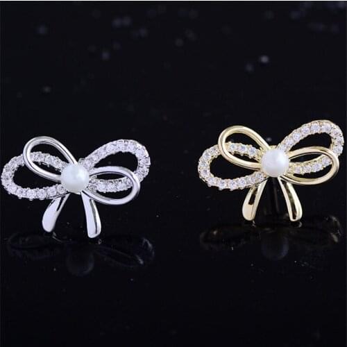 OKILY 2021 Hot Sale Romantic Bow Mini Lapel Pin for Women Zircon Bowknot Collar Pins with Pearl Badge Jewelry Friend Gift