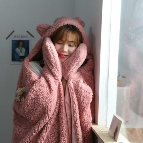 Autumn and Winter Lambskin Hooded Blanket Shawl Blanket Flannel Warm Wearable Adult Cloak Blanket Sweatshirt Vs Secret Pink