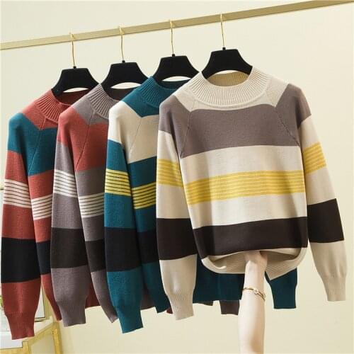 Striped Half Turtleneck Pullover Women Long Sleeve Woman Sweater 2021 New Winter Knitted Korean Fashion Clothing Sweater Femme