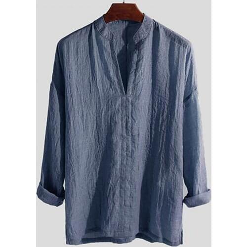 2021 Men Shirt Solid Color Breathable Shirt Fresh Stand Collar Linen Blouse for Office Shirt Beach Casual Sunscreen Clothing