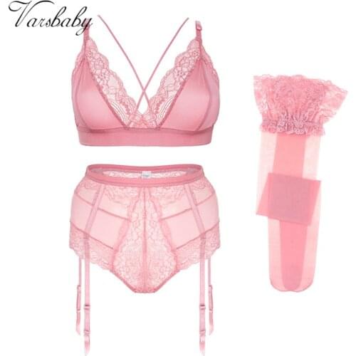 Varsbaby Women Sexy Lace Ultra-Thin Underwear Breathable Yarn Bra+High-Rise Panty+Stockings 3Pcs Lingeries Set