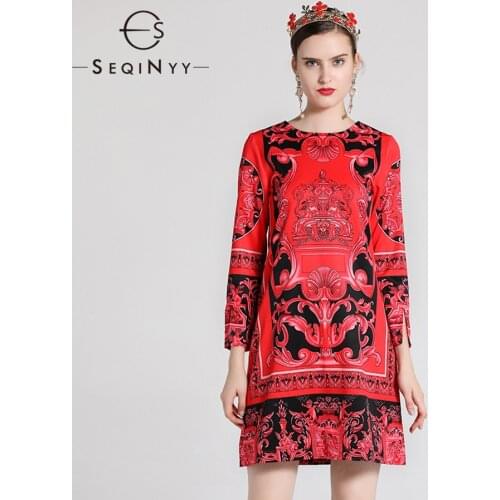SEQINYY Vintage Dresses 2019 Spring Summer Womans New Fashion Palace Printed Long Sleeve O-Neck Elegant Straight Mini Dresses
