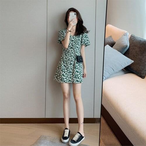 Green Puff Sleeve Floral Dress Small Fresh and Sweet V-neck Short Short French Temperament Small Skirt Summer