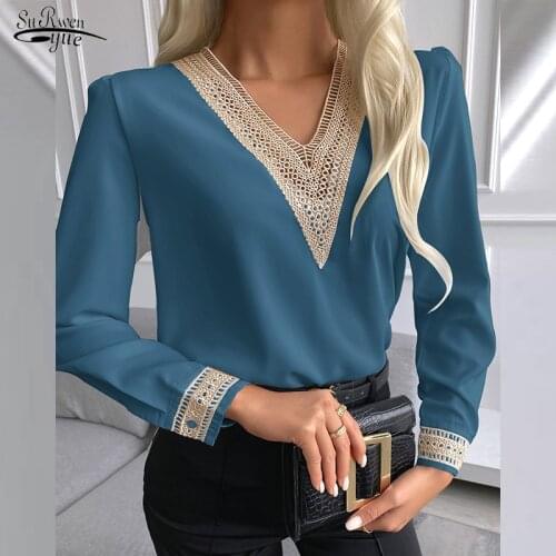 Satin Silk Long Sleeve Women Blouse Tops Autumn New Lace V Neck Embroidery Shirt Women Casual Solid Chiffon Shirts Blusas 15777
